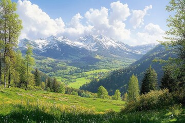 Fototapeta premium Bright green valley with lush trees and wildflowers leading to snow-capped mountains under a sky filled with fluffy white clouds
