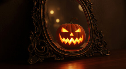 Spooky glowing jack-o'-lantern, orange, reflected in an ornate vintage mirror, dark Halloween background
