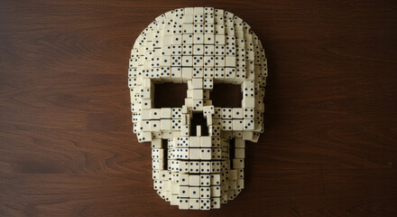 Skull made of dominoes on wooden background  