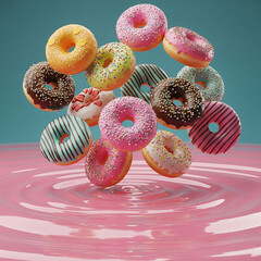 Playful assortment of flying donuts, colorful, a fun and sweet treat concept