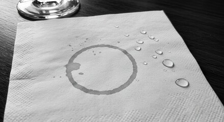 Wet ring stain from a glass on a napkin, monochromatic black and white, abstract everyday concept