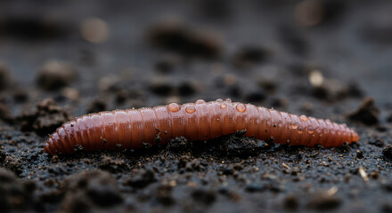 Wet earthworm with water droplets, detailed, crawling on rich soil, garden ecosystem concept