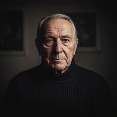 Elderly man with serious expression in dark sweater indoors  