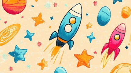 Colorful cartoon rockets flying among stars and planets in a whimsical outer space scene