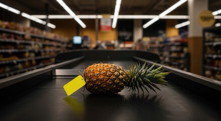 Pineapple on checkout conveyor with price tag in grocery store  