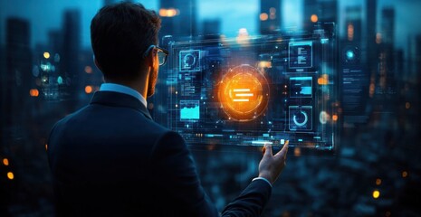 Man in suit interacting with futuristic transparent digital interface displaying data charts and graphs in a cityscape at night