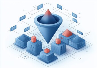 Abstract digital data flow visualization with various geometric shapes including cones and cubes interconnected with network lines