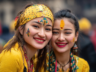Smiling women in vibrant yellow traditional attire decorated with colorful jewelry and festive body paint celebrating a cultural festival outdoors.