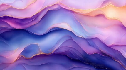 Abstract flowing waves in pastel shades of pink, purple, and blue with shimmering golden accents creating a soft, dreamy, and elegant visual effect