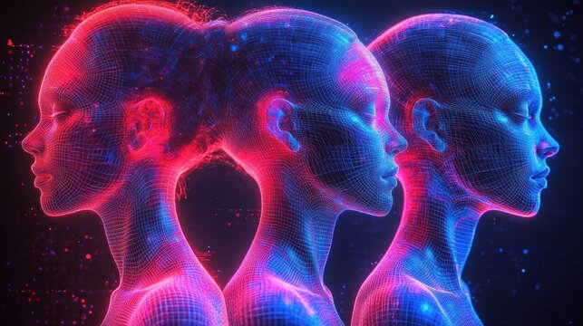 Three futuristic humanoid figures with wireframe mesh textures, glowing in neon red and blue light, standing side by side with closed eyes, evoking a sense of calm and unity
