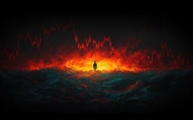Silhouette of a person standing amid turbulent waves with a fiery, glowing background and a jagged red graph line overlay, evoking intense emotion and struggle