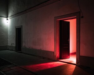 Obraz premium Open door with red light coming from inside a dark mysterious room