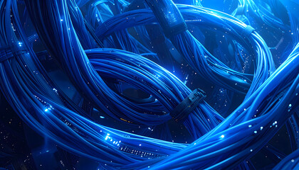 Intricate network of glowing blue cables, intertwined and illuminated, creating a complex digital connection.