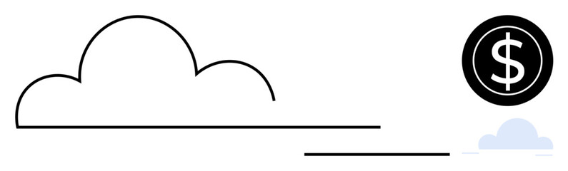 Cloud outline and a black dollar coin indicating financial growth, technology adoption, and innovation. Ideal for finance, investment, cloud technology, innovation, cost efficiency, digital