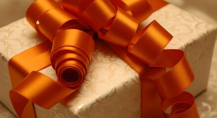 A close-up of an elegantly wrapped gift box with vibrant orange ribbons, showcasing a celebratory and festive mood.