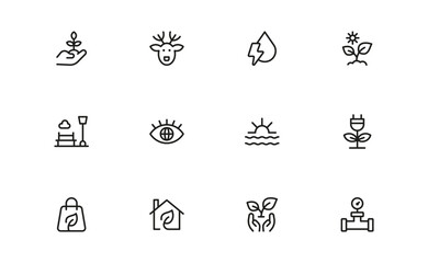 Sustainability modern professional line icon set, clean minimal vector collection for eco-friendly concepts, green energy, nature conservation, environment, and recycling