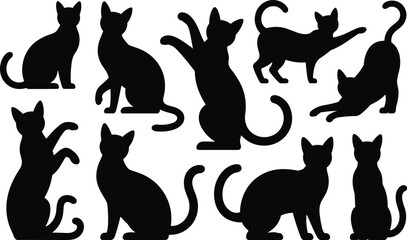 Collection of various black silhouette cat vectors with different poses for animal, pet, and Halloween designs