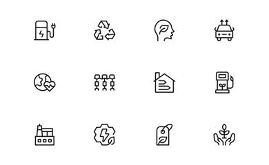 Sustainability modern professional line icon set, clean minimal vector collection for eco-friendly concepts, green energy, nature conservation, environment, and recycling