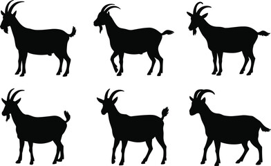 Collection of various black silhouette goat vectors for farm animal, wildlife, and nature designs