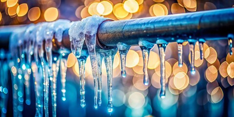 Icicles Hanging from Frozen Pipe - Winter Bokeh Background