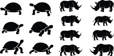 Collection of various black silhouette turtle and rhinoceros vectors for wildlife, animal, and nature designs