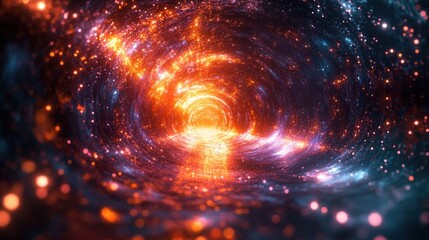 Obraz premium Bright glowing tunnel of swirling orange, red, and purple lights creating a dynamic cosmic or futuristic effect with sparkling particles