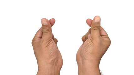 male hand making a Korean heart gesture with thumbs and index finger forming a tiny heart shape. Symbolizing love, care, and affection. Isolated on white background.