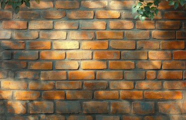 Sunlight casting shadows of green leaves on a warm orange brick wall creating a natural and peaceful ambiance