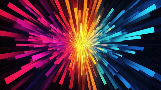Abstract burst of colorful rectangular beams radiating outward from the center in warm reds, oranges, yellows blending into cooler blues and cyan on a dark background