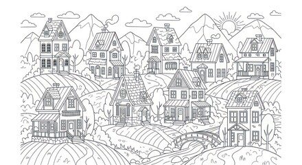 Obraz premium Line drawing village landscape