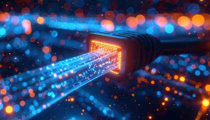 Close-up of a network cable transmitting data with glowing light effects, illustrating digital connectivity.