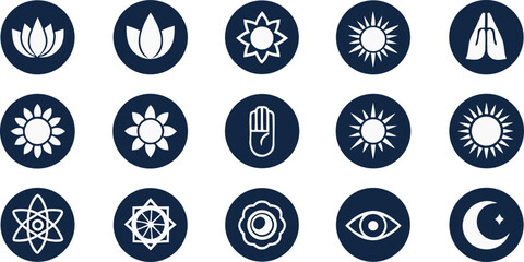 Spiritual and celestial symbols in circular icons Keywords: spiritual, celestial, symbol, icon