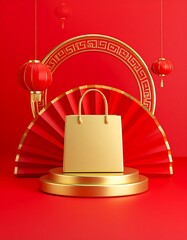 Gold shopping bag on red podium with Asian-inspired decorations