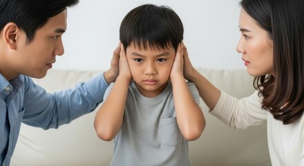 Young child covering ears between arguing parents a depiction of family conflict and its impact on children