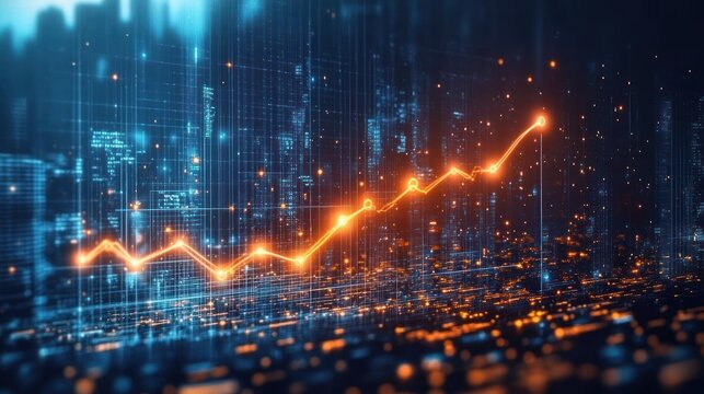 Digital cityscape at night with glowing orange upward trending graph line representing growth and data analytics in a futuristic environment