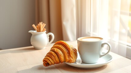 A freshly baked croissant and a frothy cappuccino served on a saucer in the morning sunlight
