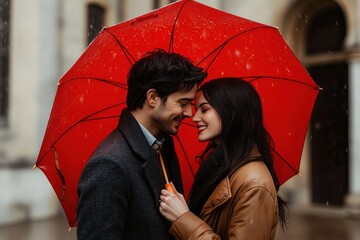 Romantic couple smiling closely under a bright red umbrella in the rain, sharing an intimate joyful moment outdoors by building