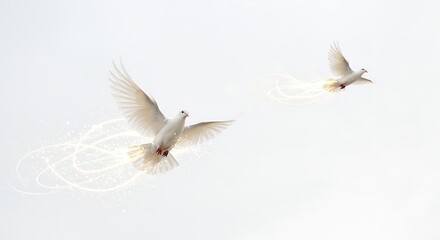 Obraz premium Two white doves soaring through light streaks with freedom and peace concept.