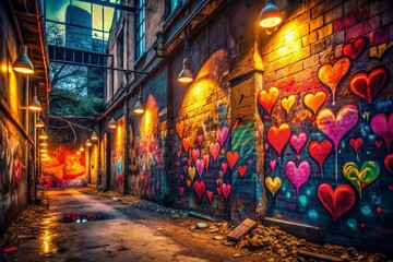 Urban Exploration: Vibrant Graffiti Hearts, Soft Light, Nostalgia