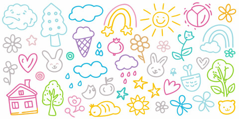 Collection of cute hand drawn doodle icons for childrens designs and illustrations