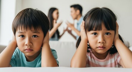 Children Covering Ears During Parental Argument Unhappy Family Conflict