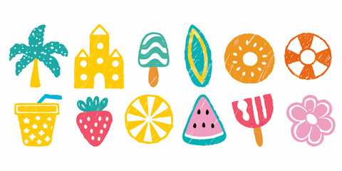 Collection of colorful hand drawn summer icons including a palm tree sandcastle popsicle surfboard donut lifebuoy drink strawberry orange watermelon and flower