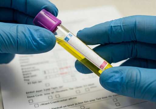 Medical professional in blue gloves holding a urine sample tube with an empty label. A concept photo for laboratory analysis, health diagnosis, and routine medical check-ups.