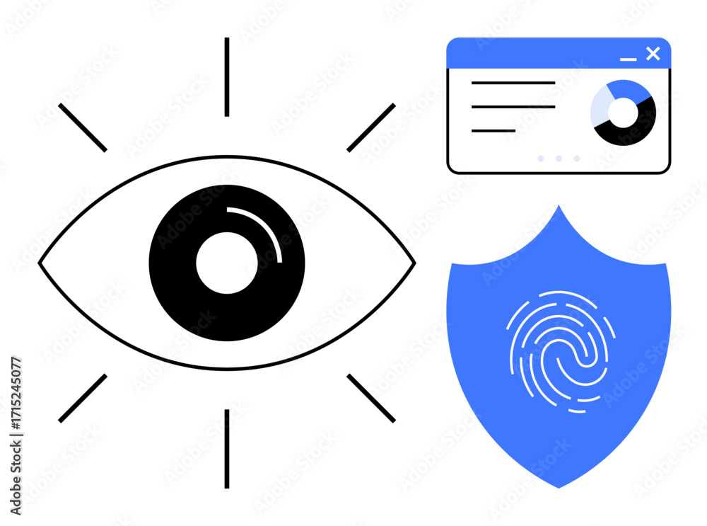 Aufkleber eye emphasizing focus, shield with fingerprint symbolizing security, and analytics window showing da