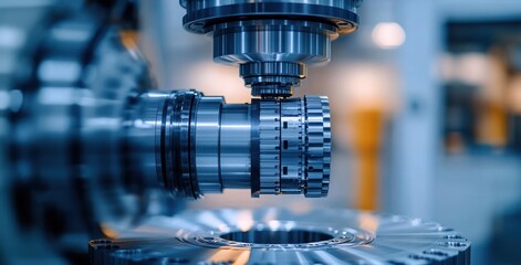 Close-up of a precision CNC machine tool working on a shiny metallic cylindrical component in a modern industrial setting