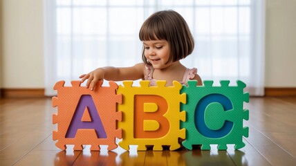 A joyful little girl playing with colorful foam alphabet letters ABC on a wooden floor. This image represents early childhood education, learning, play and development.