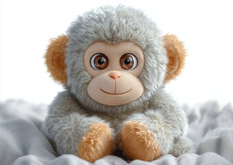 Fototapeta premium Close-up of a cute, fluffy stuffed monkey toy with large shiny eyes and a gentle smile sitting on a soft blanket