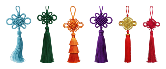 Chinese knot and tassel set including blue, green, orange, purple, gold, and red isolated. Cultural decoration and good luck symbols.
