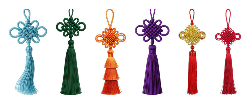 Chinese knot and tassel set including blue, green, orange, purple, gold, and red isolated. Cultural decoration and good luck symbols.