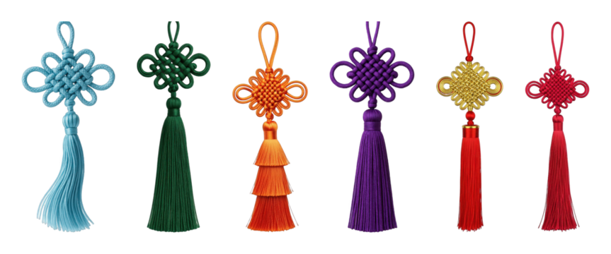 Chinese knot and tassel set including blue, green, orange, purple, gold, and red isolated. Cultural decoration and good luck symbols.